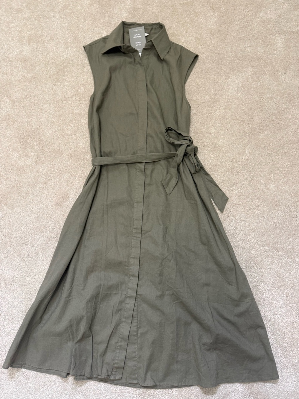 H & M Sleeveless Olive Shirt Dress with Waist Tie size xxs